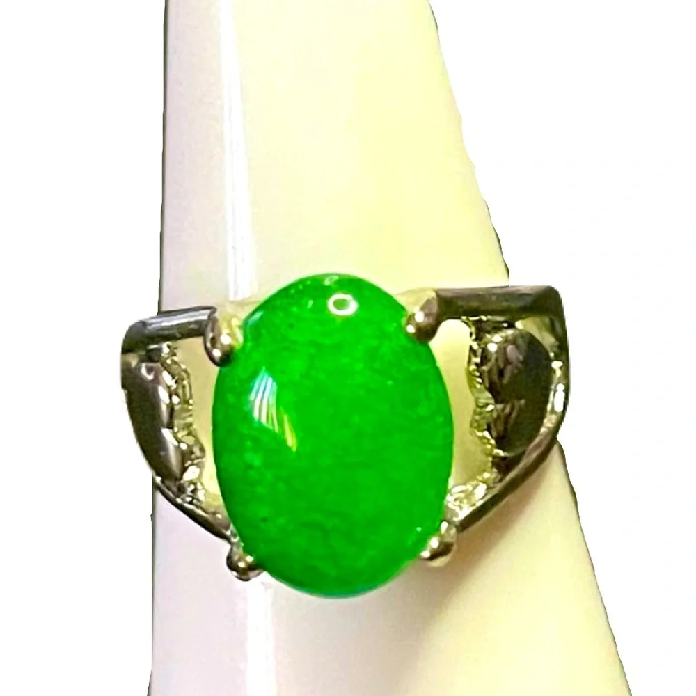 New Sterling Silver Oval Cut Green 4 Prong Crackle Quartz Gemstone Handmade Ring